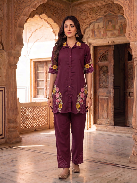 Romantic Florals Embroidered Shirt with Trousers