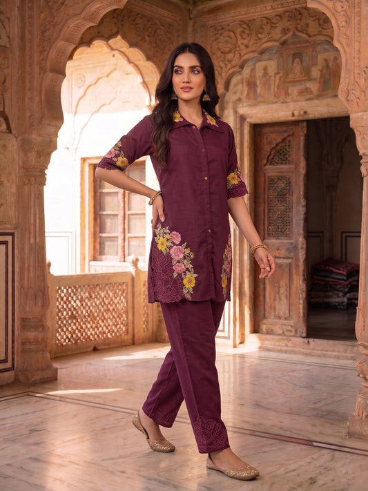 Romantic Florals Embroidered Shirt with Trousers