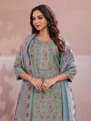 Women Ethnic Motifs Printed Regular Thread Work Chanderi Cotton Kurta with Trousers &