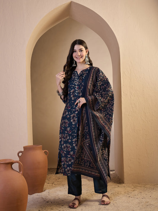Women Floral Printed Regular Sequinned Chanderi Cotton Top with Trousers & With Dupatta