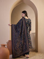 Women Floral Printed Regular Sequinned Chanderi Cotton Top with Trousers & With Dupatta