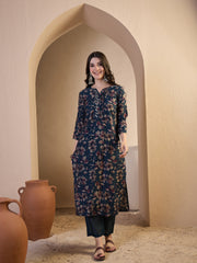 Women Floral Printed Regular Sequinned Chanderi Cotton Top with Trousers & With Dupatta