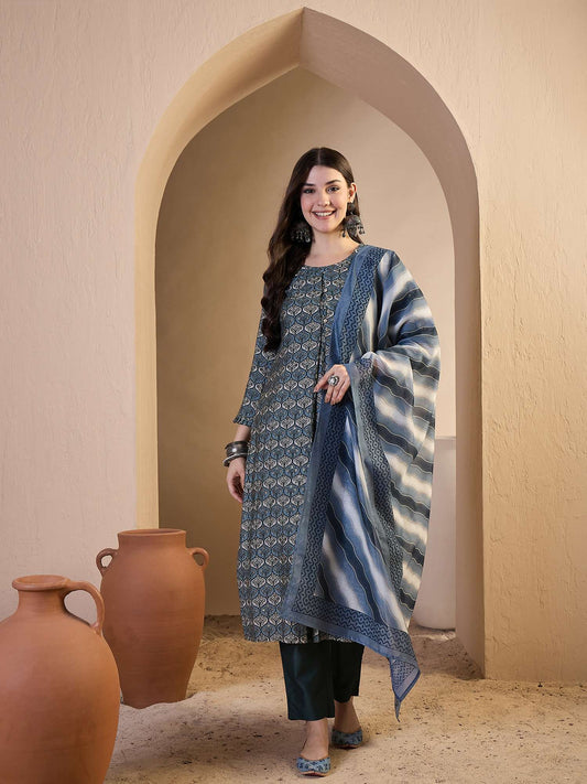 Women Floral Printed and Zari Embroidered A-Line Kurta Set with Dupatta