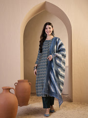 Women Ethnic Motifs Printed Regular Chanderi Cotton Kurta with Trousers & With Dupatta