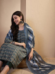 Women Ethnic Motifs Printed Regular Chanderi Cotton Kurta with Trousers & With Dupatta