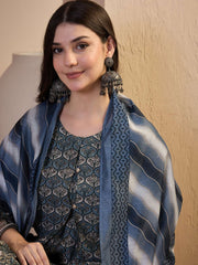 Women Floral Printed and Zari Embroidered A-Line Kurta Set with Dupatta
