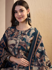 Women Floral Printed Regular Thread Work Chanderi Cotton Kurta with Trousers & With