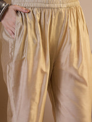 Women Floral Printed Regular Thread Work Chanderi Cotton Kurta with Trousers & With