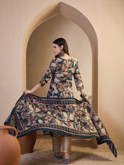 Women Floral Printed Regular Thread Work Chanderi Cotton Kurta with Trousers & With