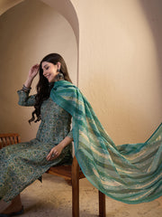 Women Ethnic Motifs Printed Regular Chanderi Cotton Kurta with Trousers & With Dupatta