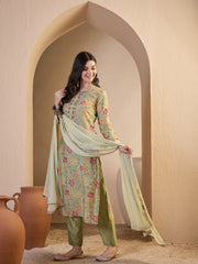 Women Floral Printed Regular Thread Work Chanderi Cotton Kurta with Trousers & With