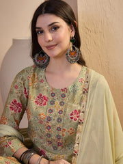 Women Floral Printed Regular Thread Work Chanderi Cotton Kurta with Trousers & With