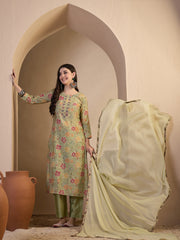 Women Floral Printed Regular Thread Work Chanderi Cotton Kurta with Trousers & With