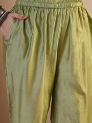 Women Floral Printed Regular Thread Work Chanderi Cotton Kurta with Trousers & With