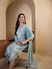 Women Floral Yoke Design Regular Thread Work Chanderi Cotton Top with Trousers & With