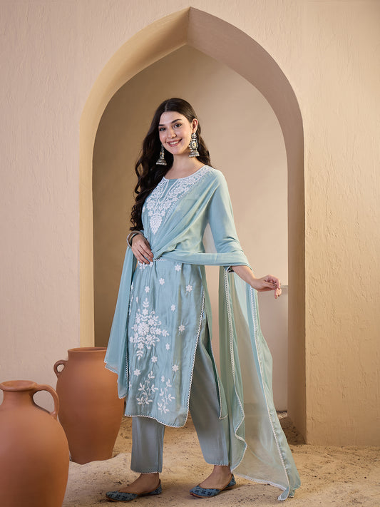 Women Floral Yoke Design Regular Thread Work Chanderi Cotton Top with Trousers & With