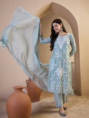 Women Floral Yoke Design Regular Thread Work Chanderi Cotton Top with Trousers & With