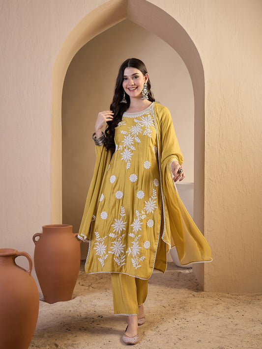 Women Floral Embroidered Regular Thread Work Chanderi Cotton Kurta with Trousers & With