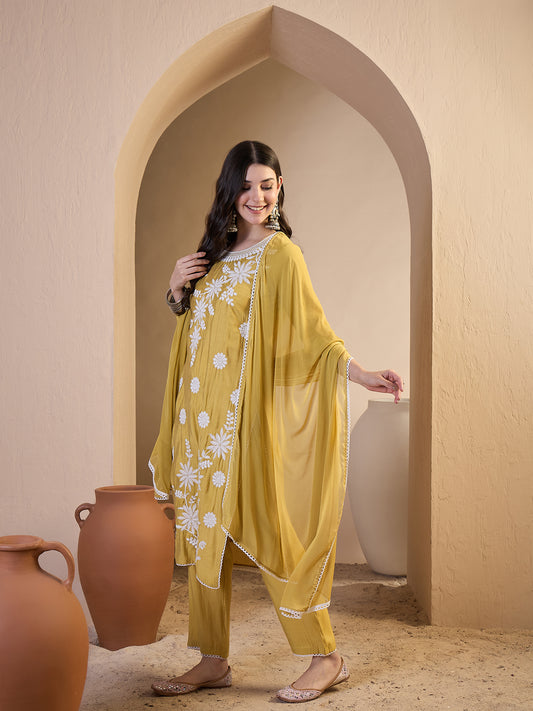 Women Floral Embroidered Regular Thread Work Chanderi Cotton Kurta with Trousers & With