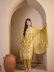 Women Floral Embroidered Regular Thread Work Chanderi Cotton Kurta with Trousers & With