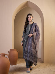Women Printed Regular Thread Work Chanderi Cotton Top with Trousers & With Dupatta