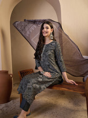Women Printed Regular Thread Work Chanderi Cotton Top with Trousers & With Dupatta