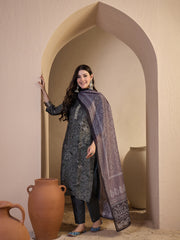 Women Printed Regular Thread Work Chanderi Cotton Top with Trousers & With Dupatta