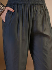 Women Printed Regular Thread Work Chanderi Cotton Top with Trousers & With Dupatta