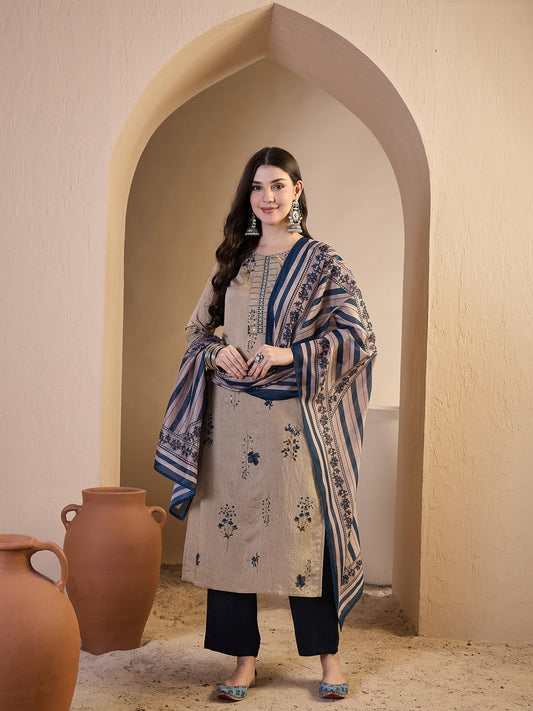 Women Floral Printed Regular Thread Work Chanderi Cotton Kurta with Trousers & With Dupatta