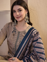Women Floral Printed Regular Thread Work Chanderi Cotton Kurta with Trousers & With Dupatta