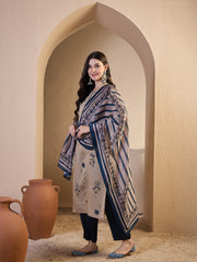 Women Floral Printed Regular Thread Work Chanderi Cotton Top with Trousers & With Dupatta