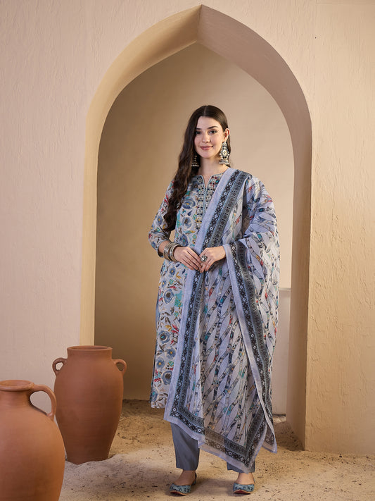 Women Floral Printed Regular Thread Work Chanderi Cotton Top with Trousers & With Dupatta
