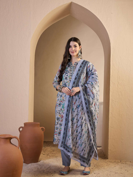 Women Floral Printed and Hand Embroidered Kurta Set With Dupatta