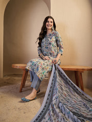 Women Floral Printed Regular Thread Work Chanderi Cotton Top with Trousers & With Dupatta