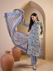 Women Floral Printed Regular Thread Work Chanderi Cotton Top with Trousers & With Dupatta