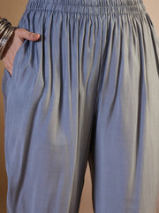 Women Floral Printed Regular Thread Work Chanderi Cotton Top with Trousers & With Dupatta