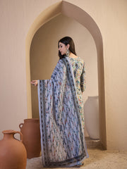 Women Floral Printed Regular Thread Work Chanderi Cotton Top with Trousers & With Dupatta