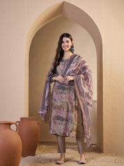 Women Printed Regular Thread Work Chanderi Cotton Kurta with Trousers & With Dupatta