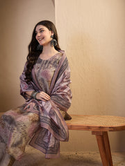 Women Printed Regular Thread Work Chanderi Cotton Top with Trousers & With Dupatta