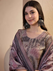 Women Abstract Printed and Hand Embroidered Kurta Set with Dupatta