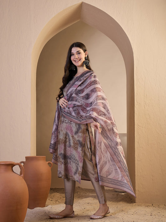 Women Printed Regular Thread Work Chanderi Cotton Kurta with Trousers & With Dupatta