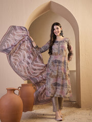Women Printed Regular Thread Work Chanderi Cotton Top with Trousers & With Dupatta