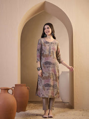 Women Abstract Printed and Hand Embroidered Kurta Set with Dupatta