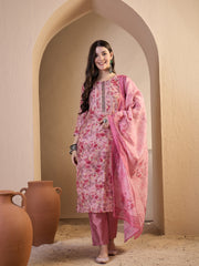 Women Floral Printed Regular Thread Work Chanderi Cotton Top with Trousers & With Dupatta