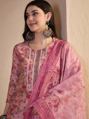 Women Floral Printed Regular Thread Work Chanderi Cotton Top with Trousers & With Dupatta