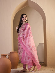 Women Floral Printed Regular Thread Work Chanderi Cotton Top with Trousers & With Dupatta