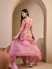 Women Floral Printed Regular Thread Work Chanderi Cotton Top with Trousers & With Dupatta