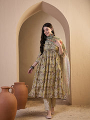Women Floral Printed Pleated Chanderi Cotton Kurta with Trousers & With Dupatta