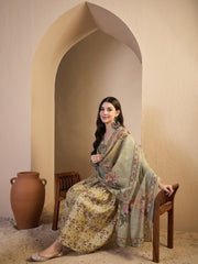 Women Floral Printed Pleated Chanderi Cotton Kurta with Trousers & With Dupatta