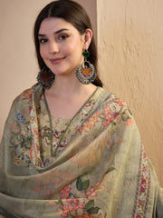 Women Floral Printed Pleated Chanderi Cotton Kurta with Trousers & With Dupatta